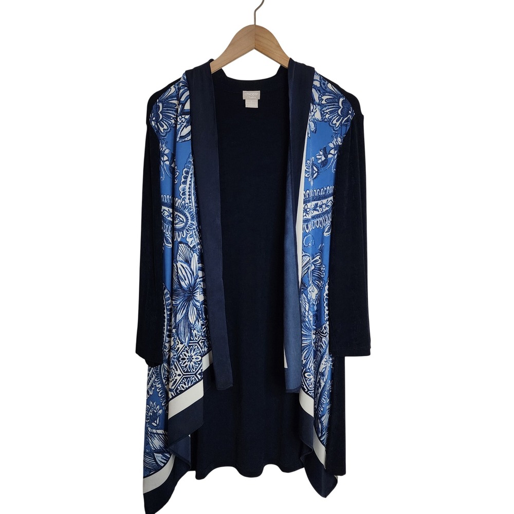 Chico's Travelers Cardigan Women Size 2 Large Blue Navy Floral Open Front